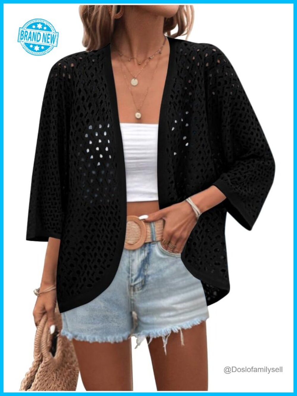 Womens Crochet Cardigan Sweater 3/4 Sleeve Batwing Kimono Beach Coverup